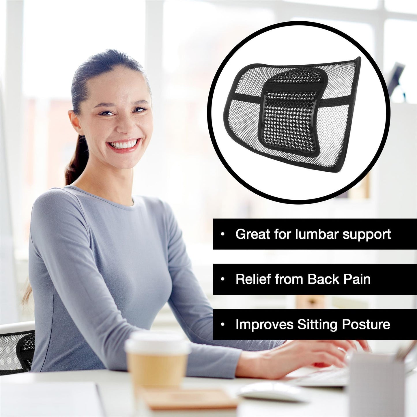 Back Support Comfort Mesh & Elasticated Positioning Strap - Black