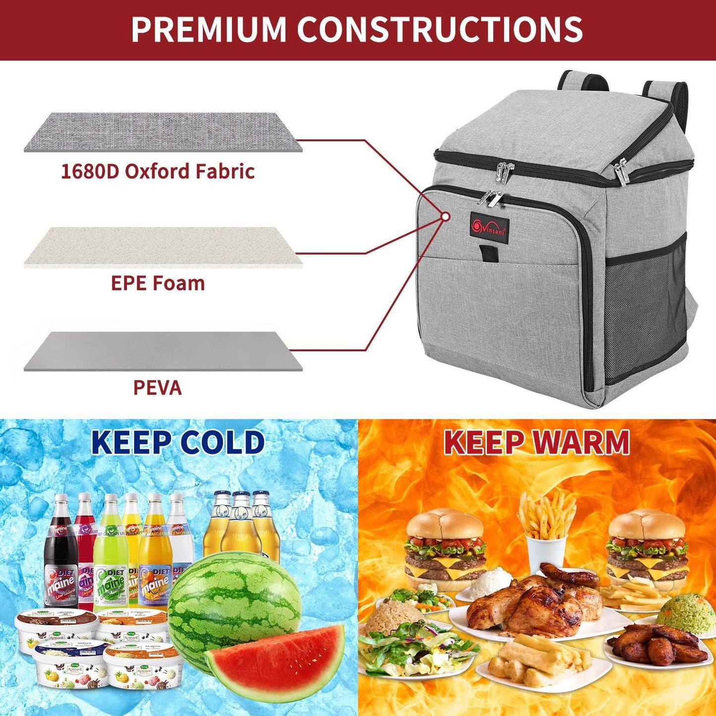 26Lt Grey Backpack Cooler Multi Pocketed Picnic Insulated Bag