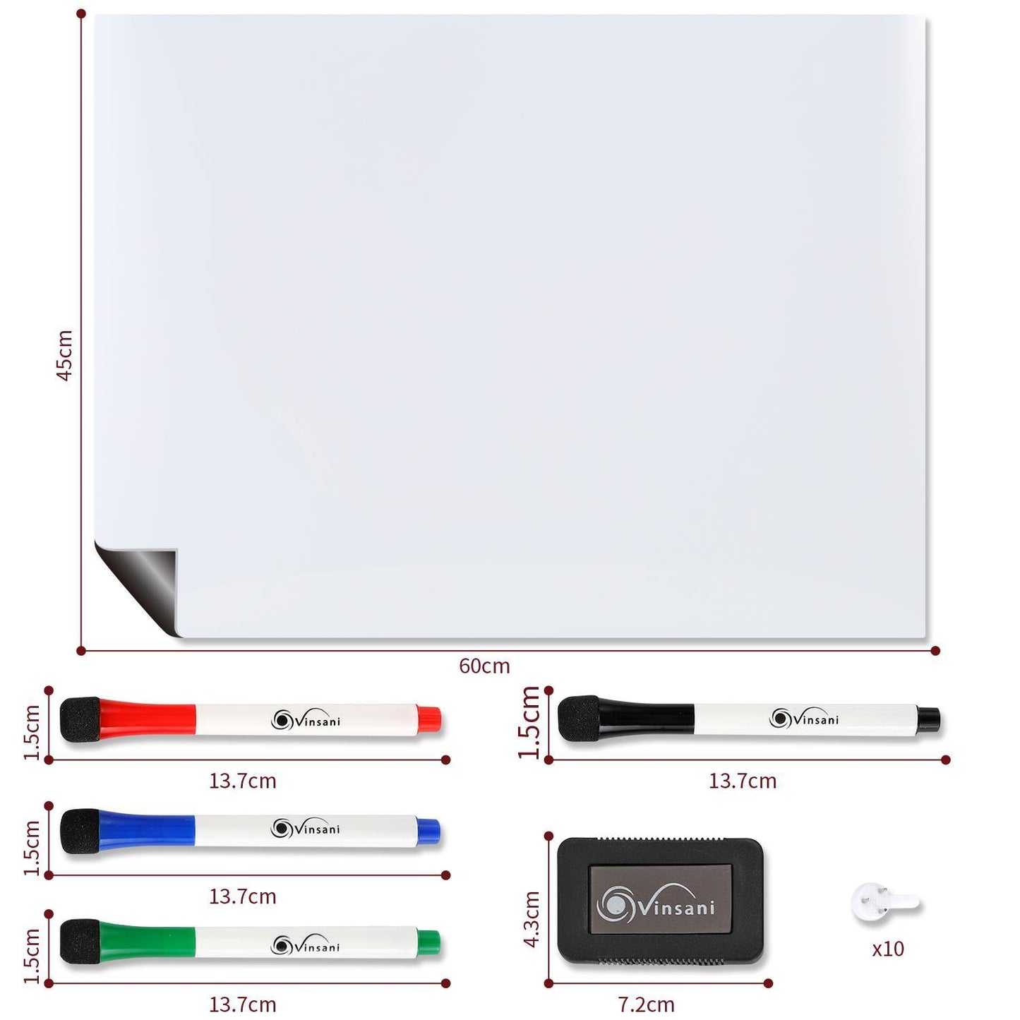 Magnetic Whiteboard 45 x 60 cm Size with 4 Dry Wipe Pens and Eraser