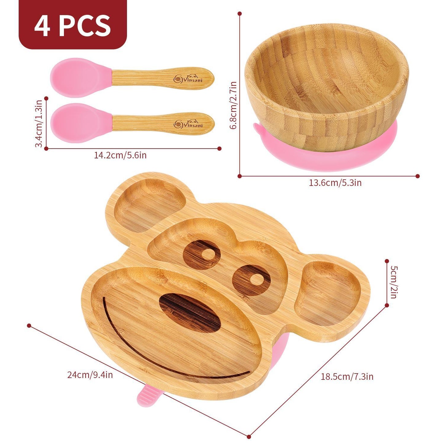 Bamboo Monkey Plate Bowl & Spoon Set Suction Bowls Stay-Put Design - PINK