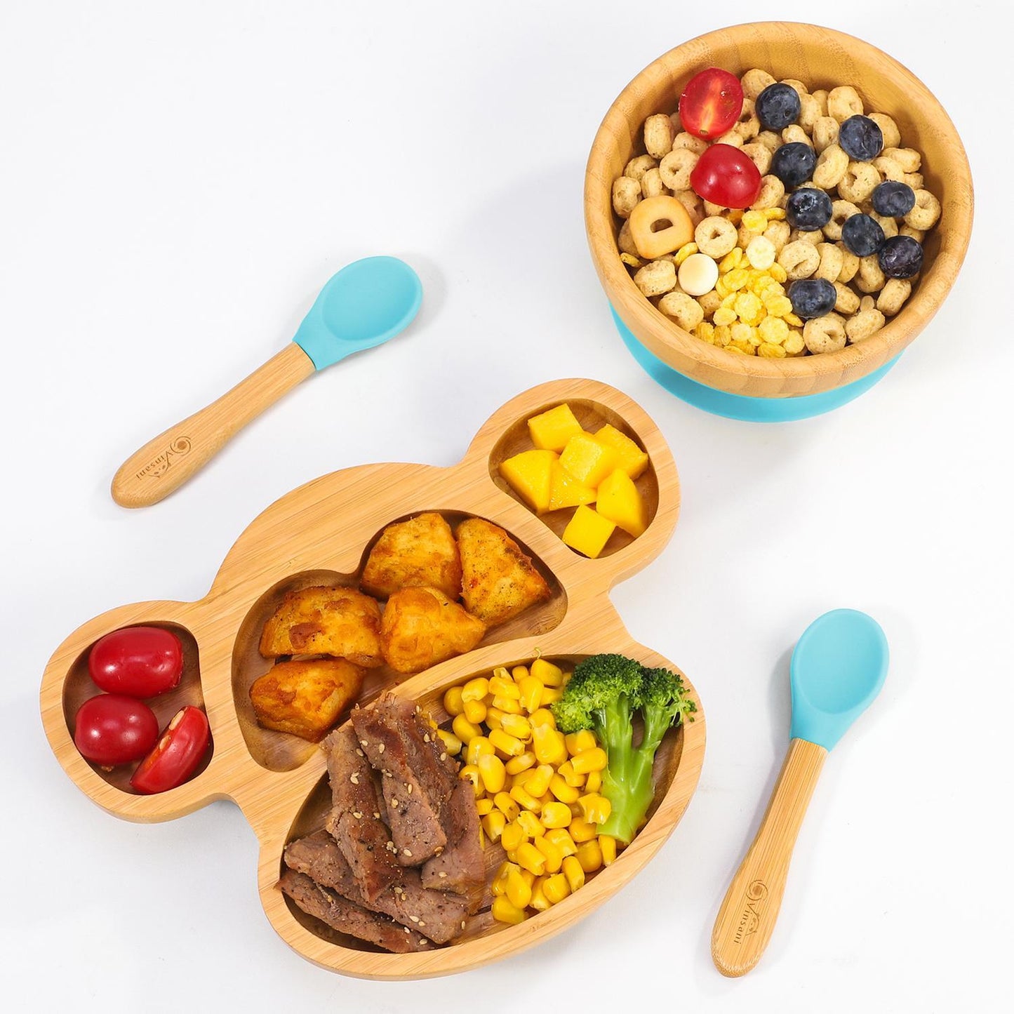 Bamboo Monkey Plate Bowl & Spoon Set Suction Bowls Stay-Put Design - BLUE