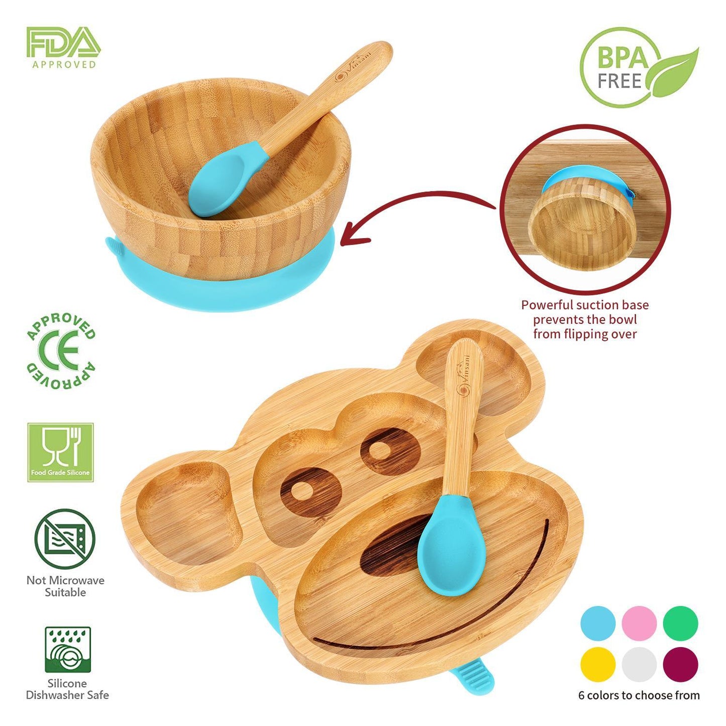 Bamboo Monkey Plate Bowl & Spoon Set Suction Bowls Stay-Put Design - BLUE