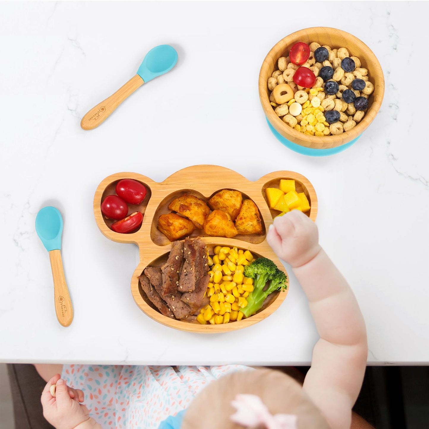 Bamboo Monkey Plate Bowl & Spoon Set Suction Bowls Stay-Put Design - BLUE