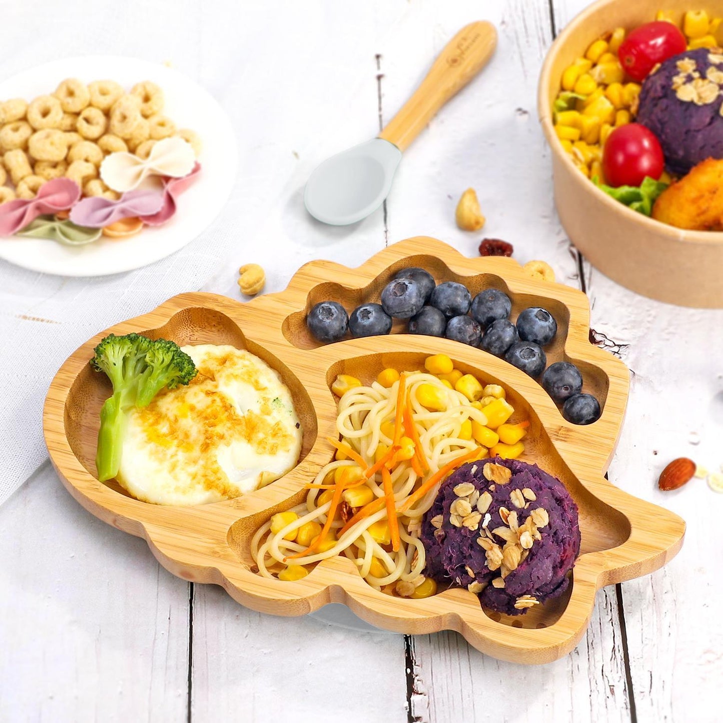 Bamboo Dinosaur Plate Bowl & Spoon Set Suction Bowl Stay-Put Design - GREY