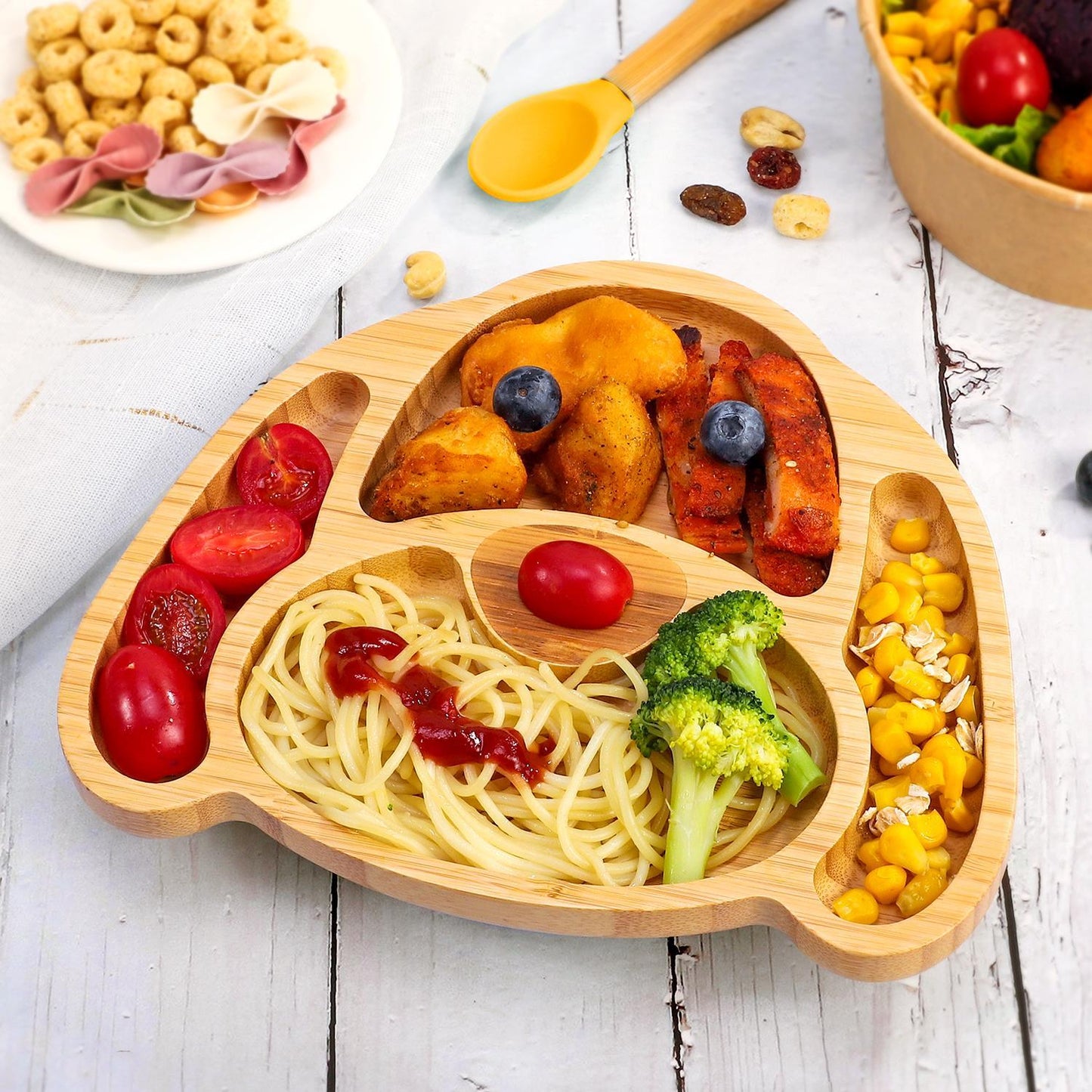 Bamboo Dog Plate Bowl & Spoon Set Suction Bowl Stay-Put Design - YELLOW
