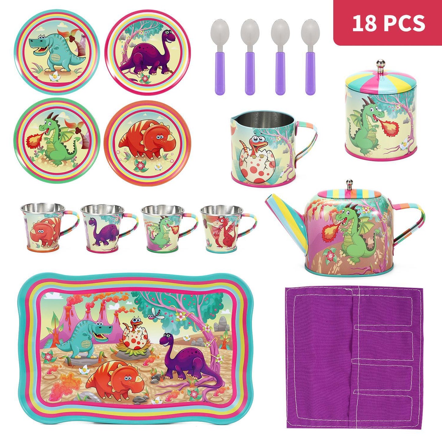 SOKA 18 Pcs Dinosaur Metal Tin Kids Teapot Tea Party Set Carry Case Toy Pretend Role Play