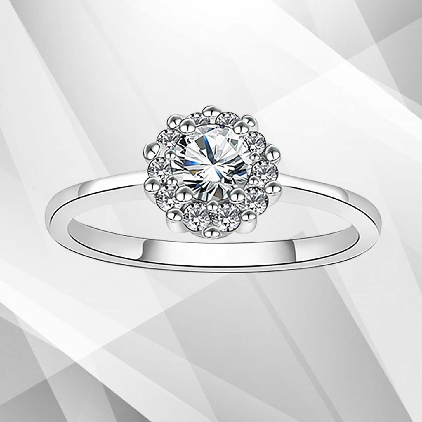 1.8Ct Round-Cut 11 CZ Diamonds Halo Bridal Engagement Ring 9Ct White Gold Over