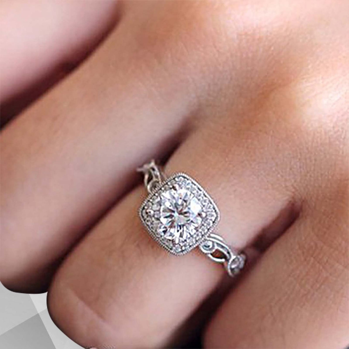 2.88Ct Large CZ Diamond Cushion Halo Bridal Engagement Ring 18Ct White Gold Over