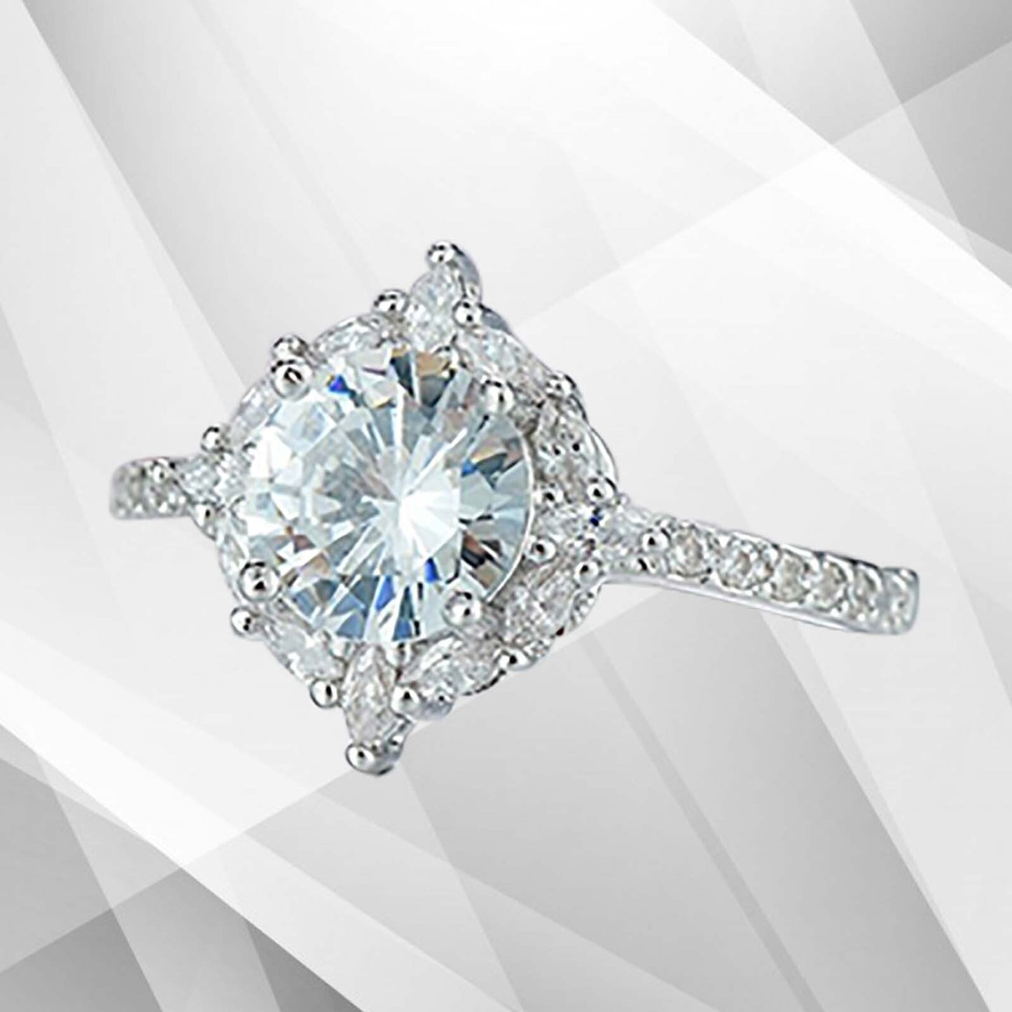 2.5Ct Round-Cut 25 CZ Diamonds Halo Bridal Engagement Ring 18K White Gold Over