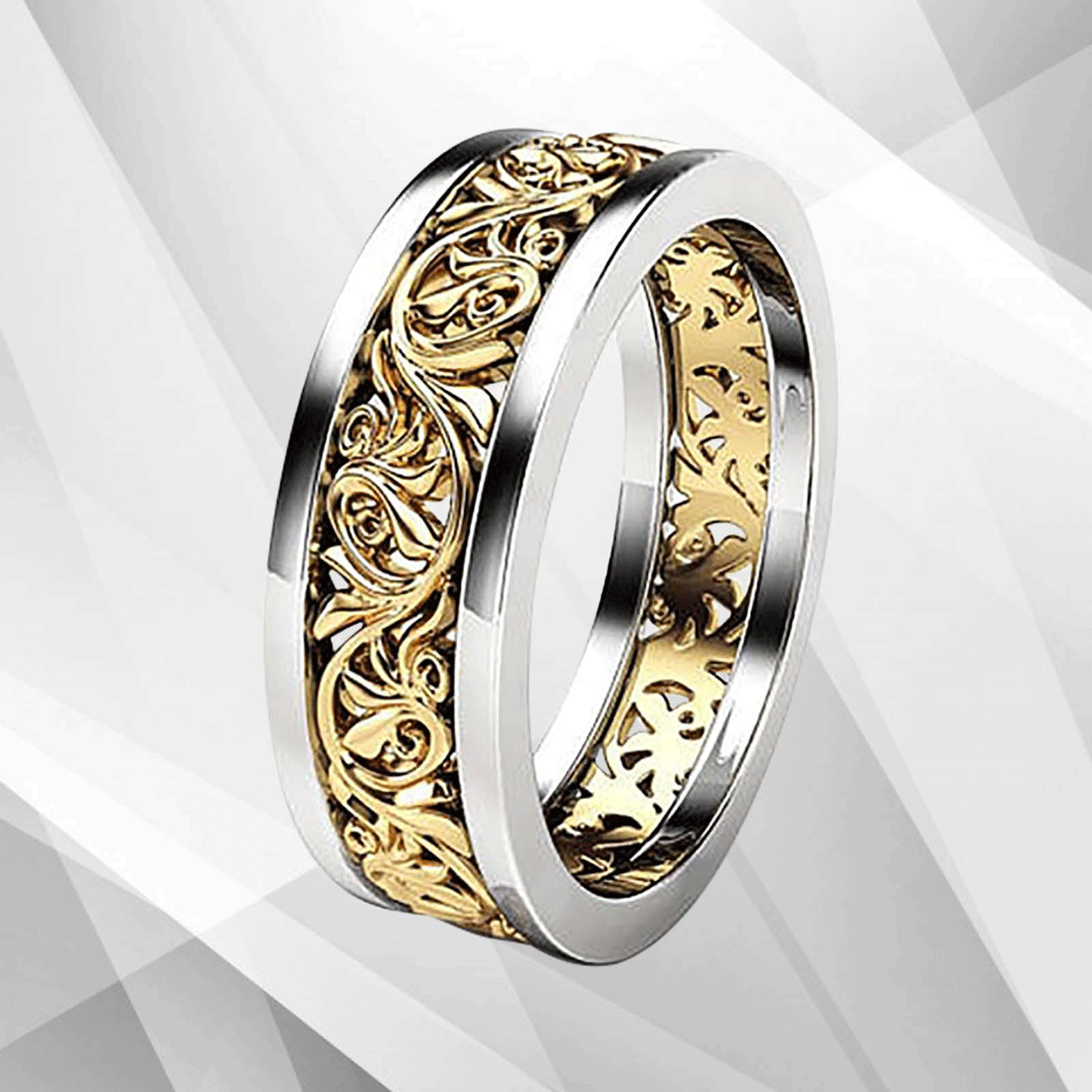 Two Colour 18Ct Yellow And White Gold Over Celtic Wedding Ring Band Hand Made