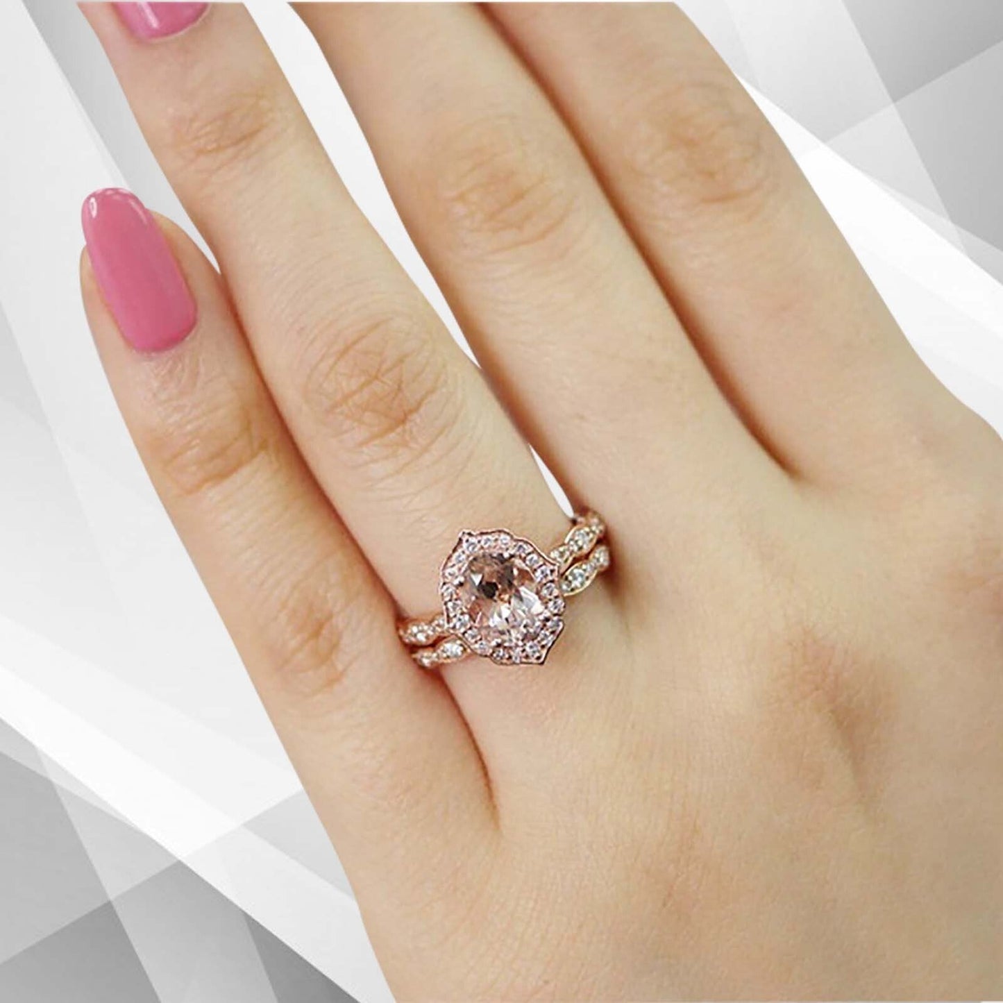 2.50Ct Morganite Diamond Halo Bridal Engagement Ring Set 18Ct Rose Gold Over
