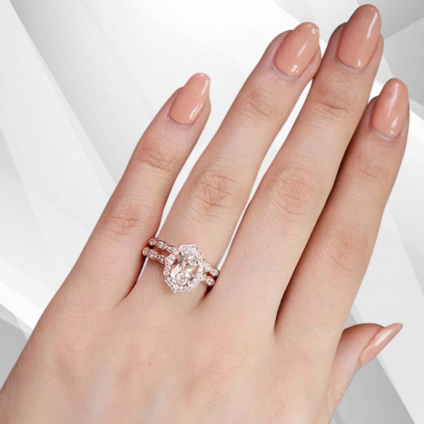 2.50Ct Morganite Diamond Halo Bridal Engagement Ring Set 18Ct Rose Gold Over