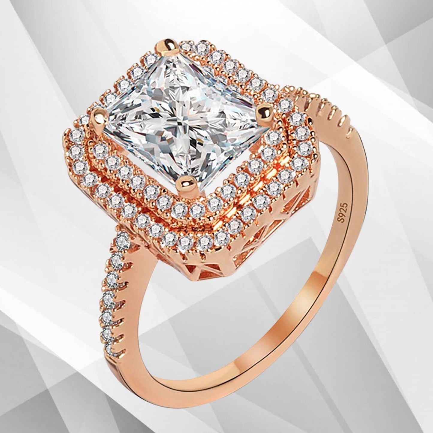 3.2Ct CZ Diamond Cushion Halo Bridal Engagement Promise Ring 18Ct Rose Gold Over