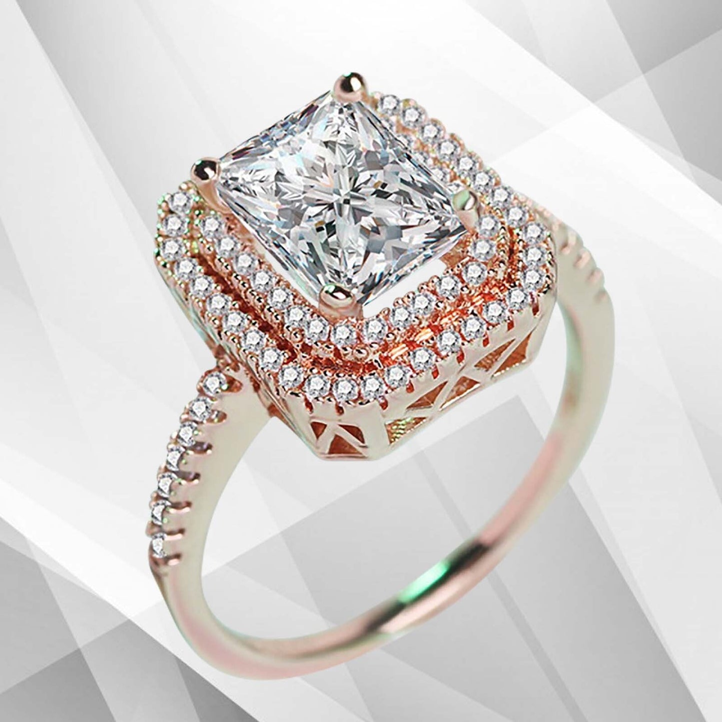 3.2Ct CZ Diamond Cushion Halo Bridal Engagement Promise Ring 18Ct Rose Gold Over