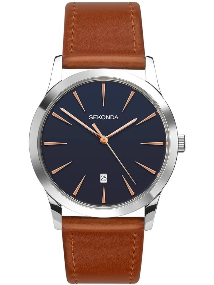 Sekonda Gents dated watch silver case brown strap 1559