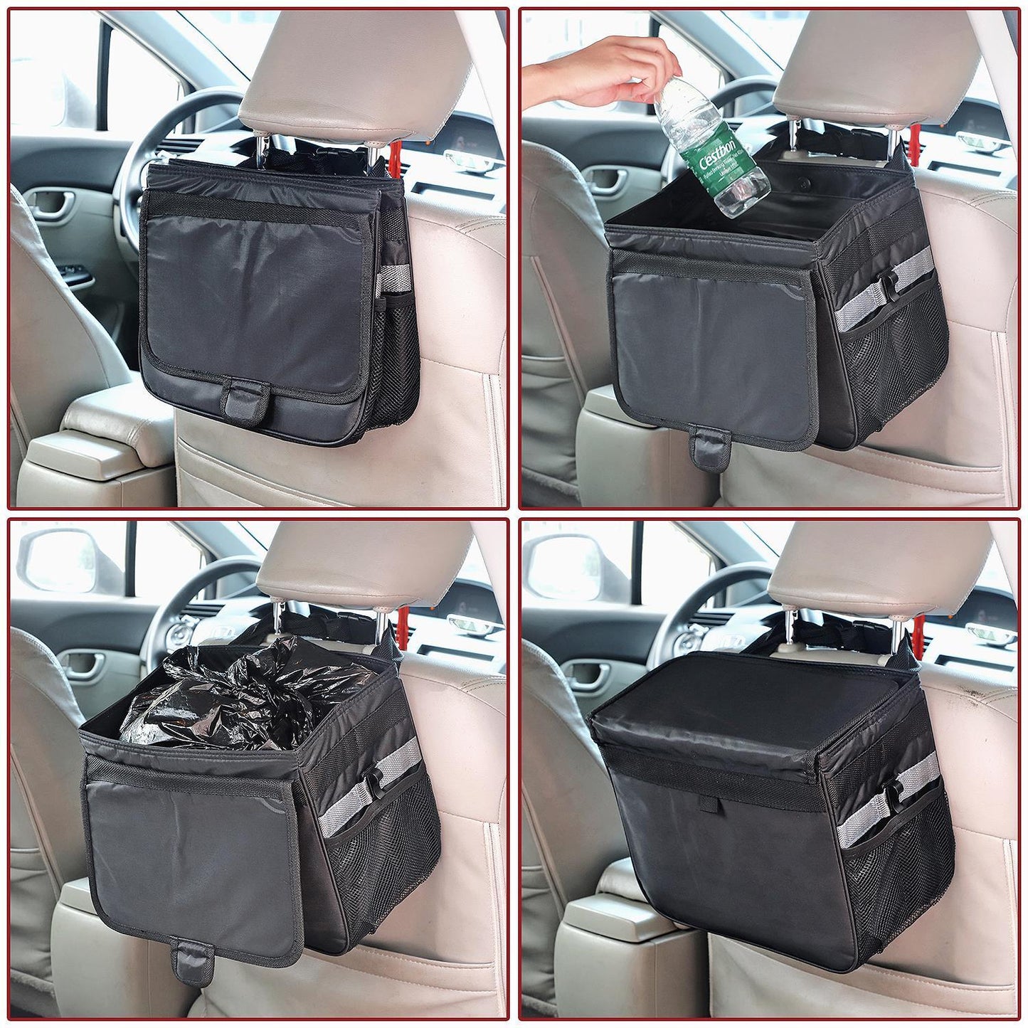 Car Rubbish Bin with Lid Waterproof Leakproof Interior- Large / Black