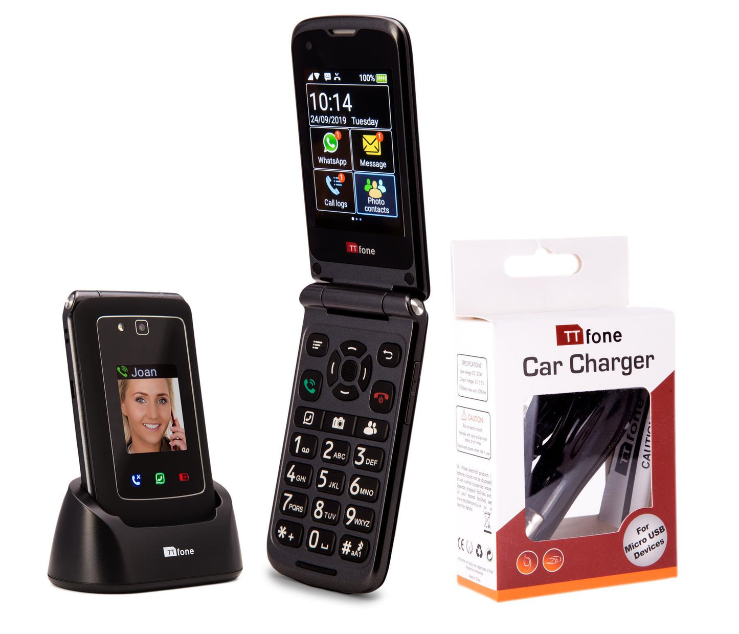 TT950 3G Flip Android Simple Whatsapp Mobile Phone & In Car Charger, Dock Charger & Vodafone Sim Card