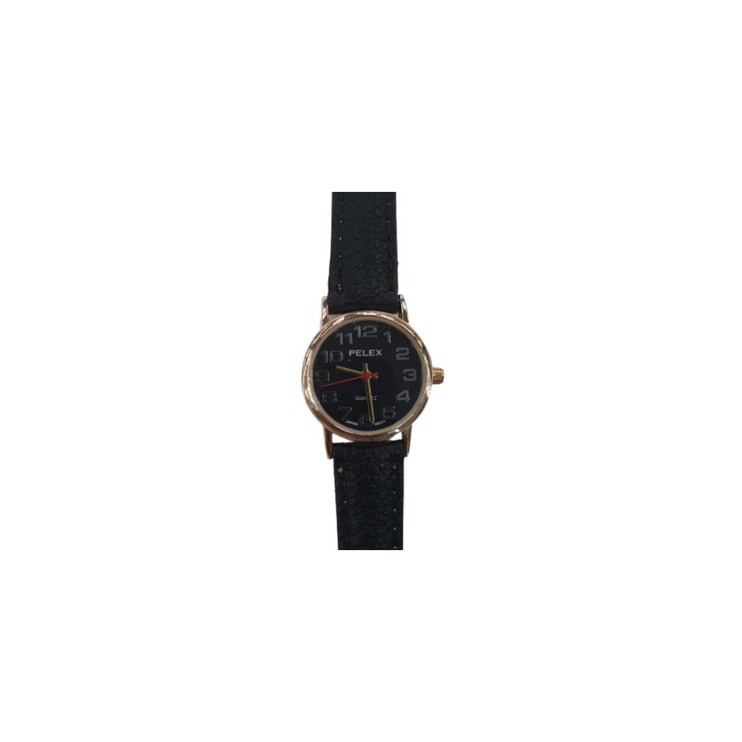 PELEX Ladies Black Dial Black Leather Strap Quartz Watch PLX-013-GOLD-BLK-BLK