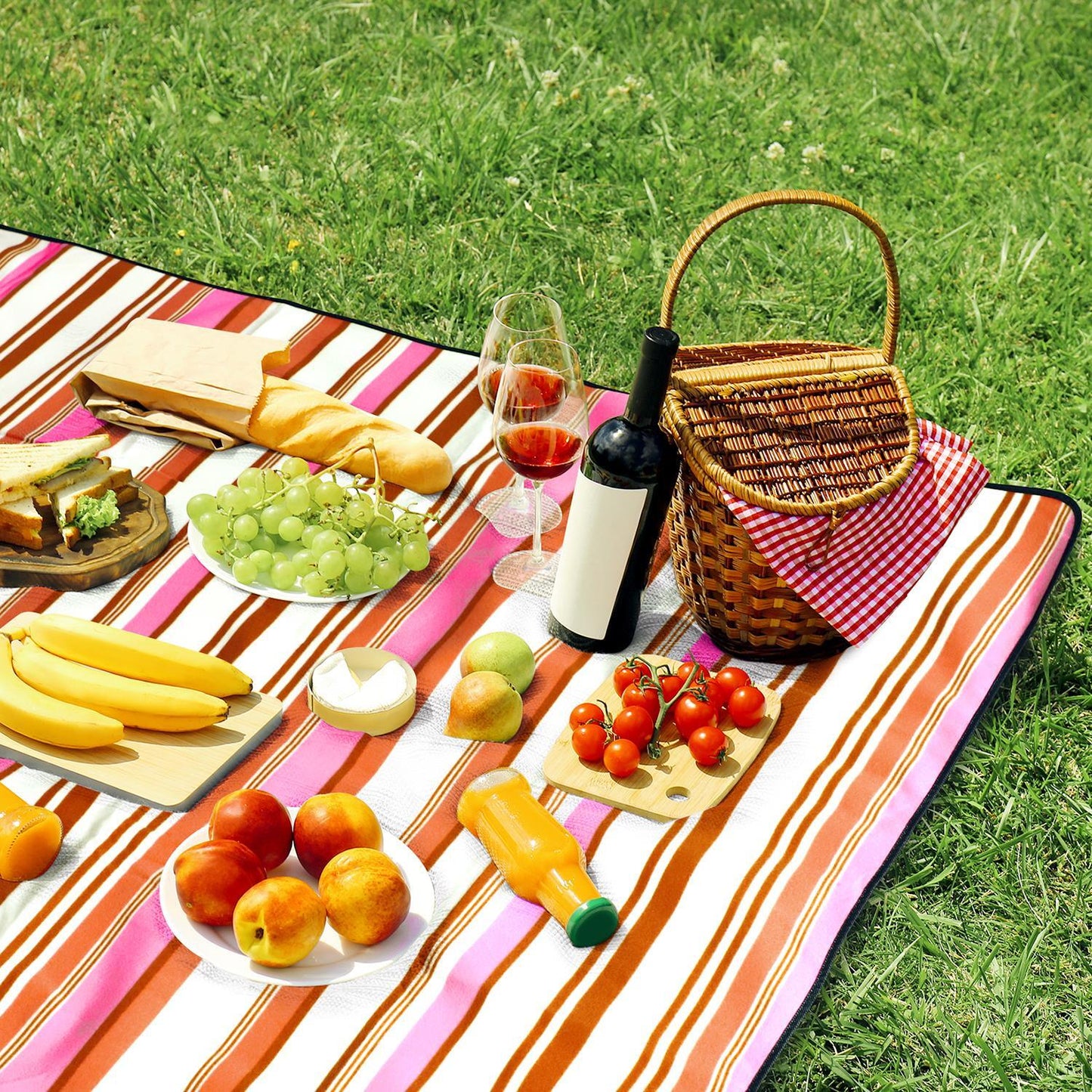 200 x 200cm Folding Picnic Blanket Waterproof & Sandproof- Pink Stripe
