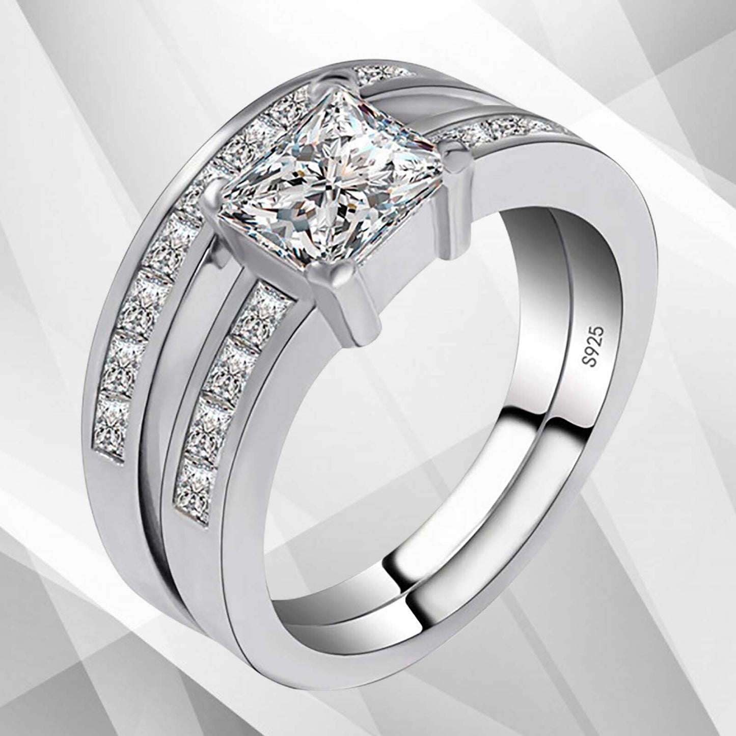 2.0Ct Total 20 CZ Diamonds Bridal Engagement Double Ring Set 18K White Gold Over, Ring Size R
