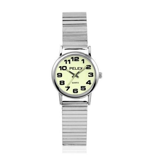 PELEX Ladies Glow In The Dark Dial Expandable Bracelet Quartz Watch PLX-022-SILVER-LUM