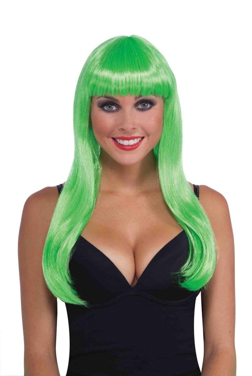 Neon Green Long Sassy Adult Costume Wig With Bangs One Size