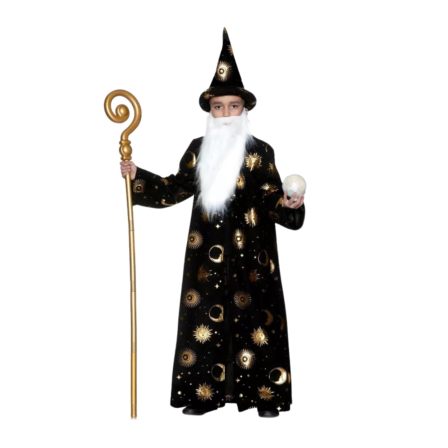 Black Wizard Robe w/ Hat & Beard Child Costume | Medium