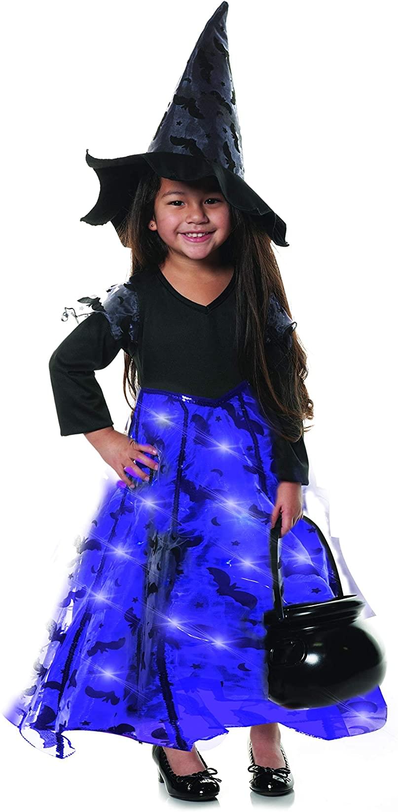 Little Girls Purple Witch Light Up Costume Dress w/ Hat | Large