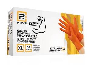 RMove 1Conf. da 50pz Tg.XL 8.5gr da Lavoro - Guanti Nitrile Arancione Senza Polvere Full Grip