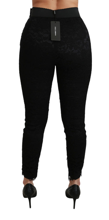 Black Lace Skinny High Waist Cotton Pants