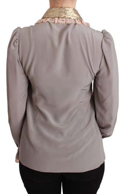 Gray Silk Gold Sequin Lace Blouse Shirt