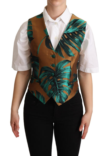 Green Jacquard Leaf Gold Waistcoat Vest