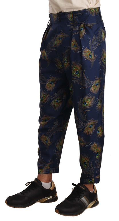 Blue Peacock Print Tapered Trousers Silk Pants