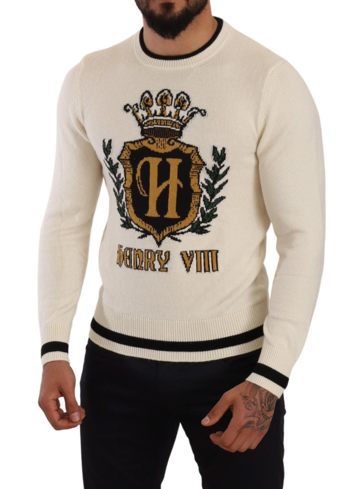 White Heraldic Cashmere Pullover Sweater