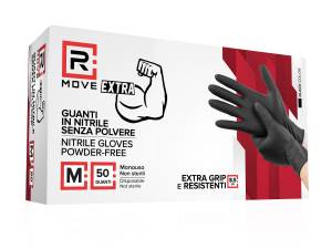 RMove 1Conf. da 50pz Tg.M 8.5gr da Lavoro - Guanti Nitrile Nero Senza Polvere Full Grip