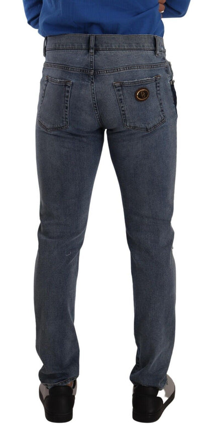 Blue Two Tone Tattered Cotton Slim Denim Jeans