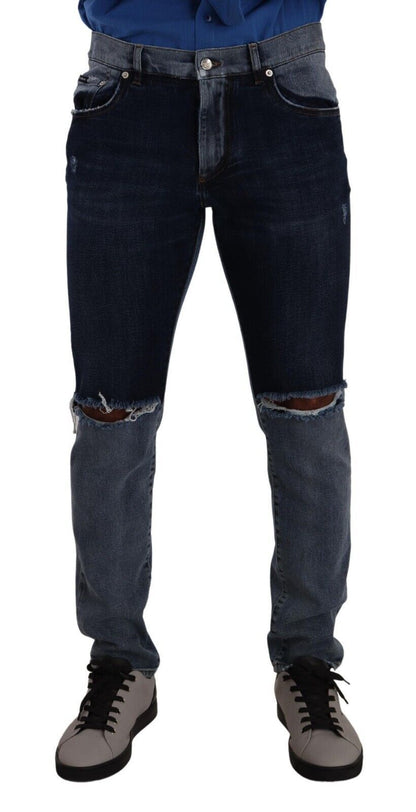 Blue Two Tone Tattered Cotton Slim Denim Jeans