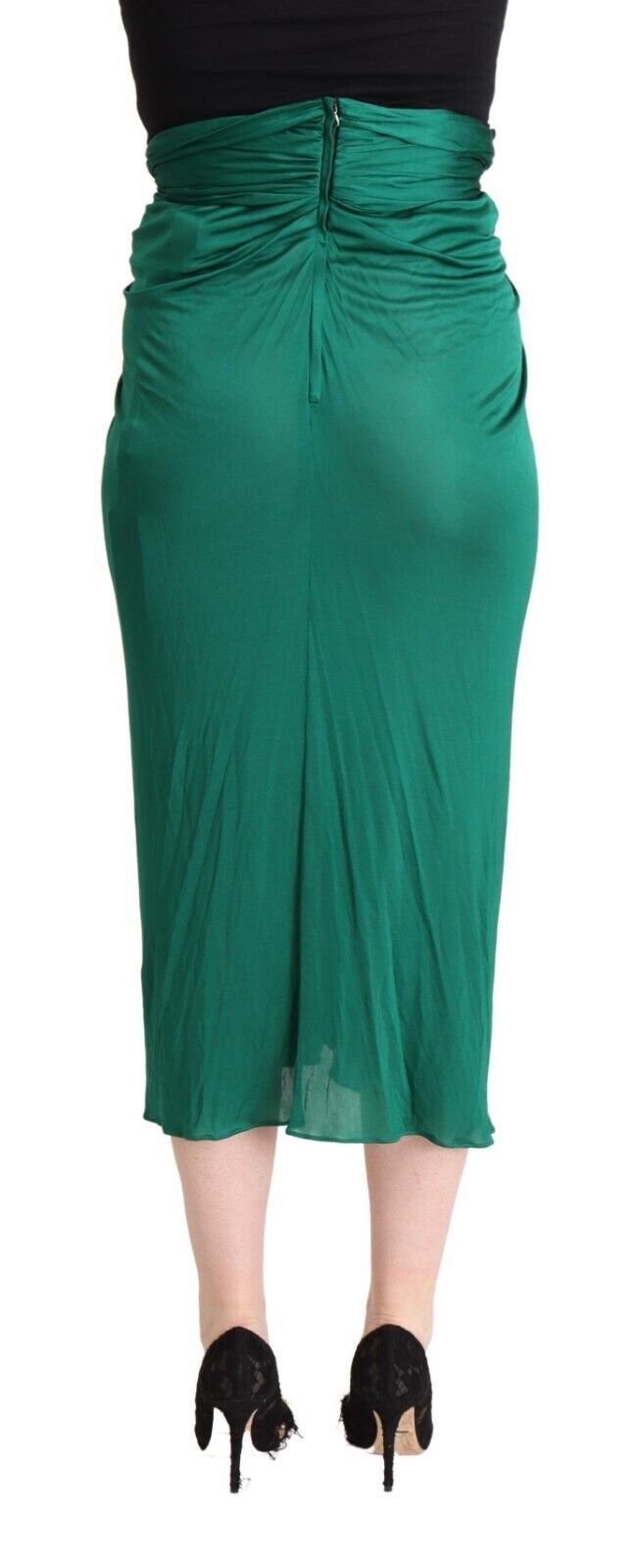 Dark Green High Waist Midi Pencil Cut Pleated Skirt