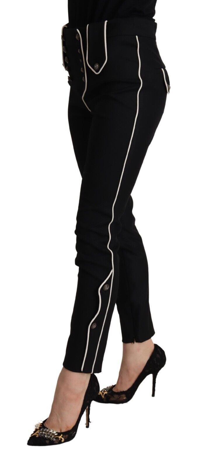 Black Mid Waist Button Embellished Slim Fit Pants