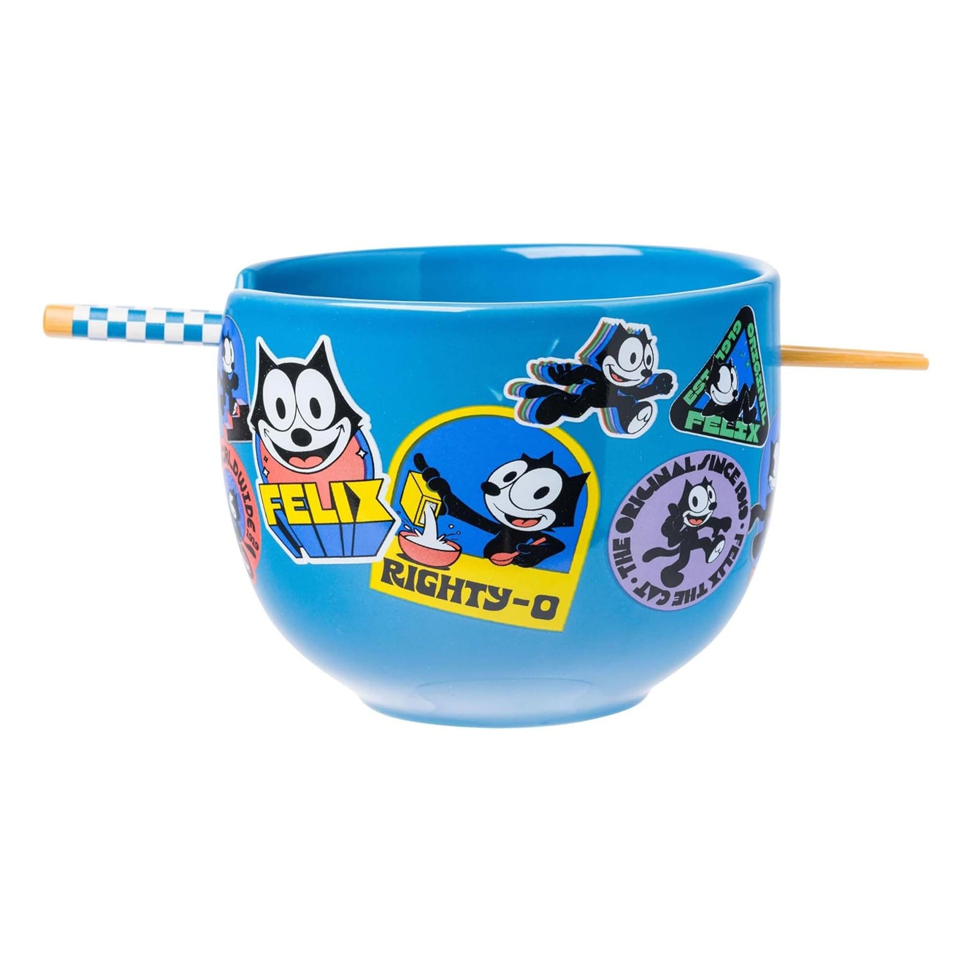 Felix the Cat the OG Felix Badges 20oz Ceramic Ramen Bowl with Chopsticks
