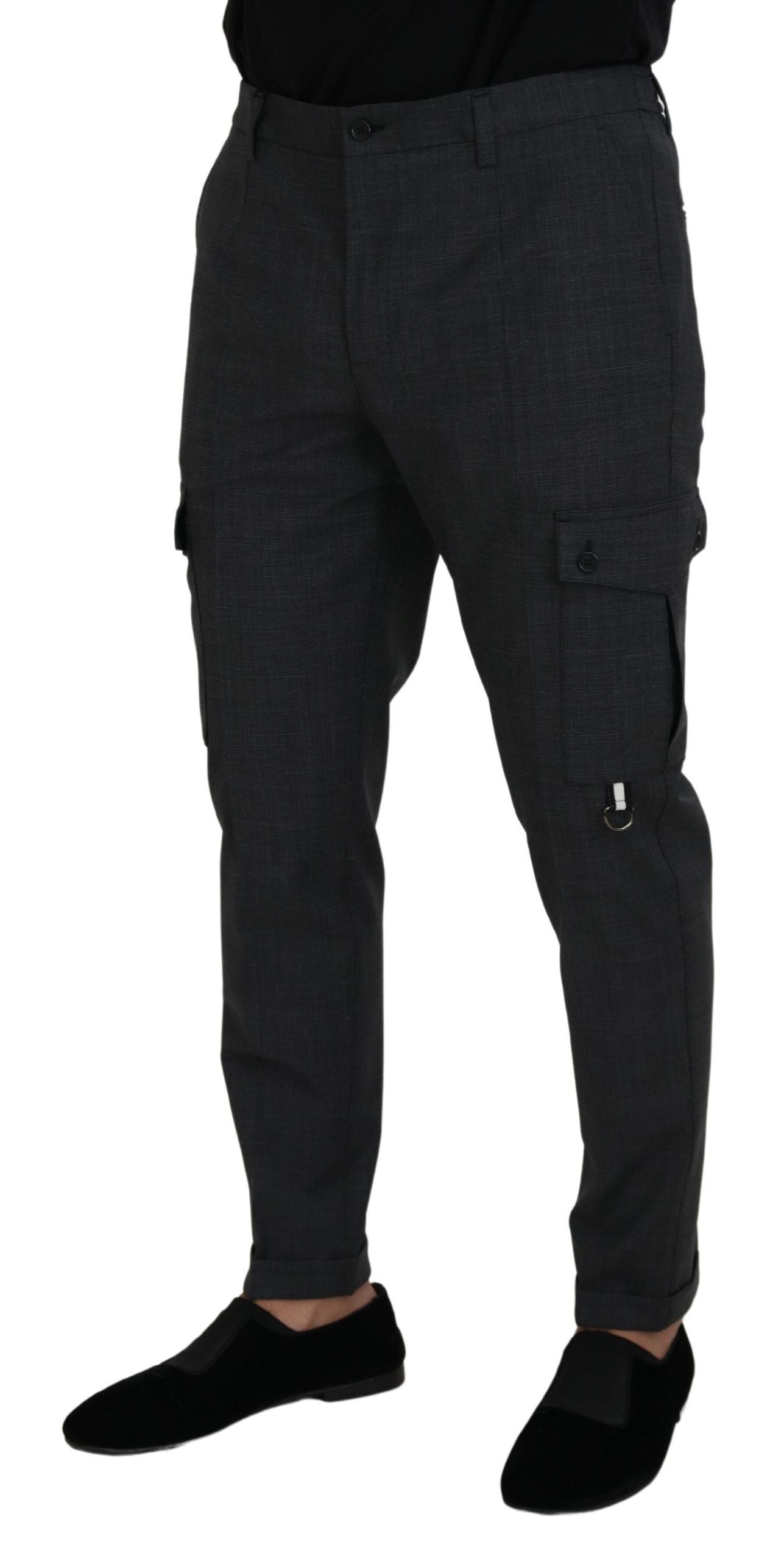 Gray Checked Cargo Trousers Stretch Pants