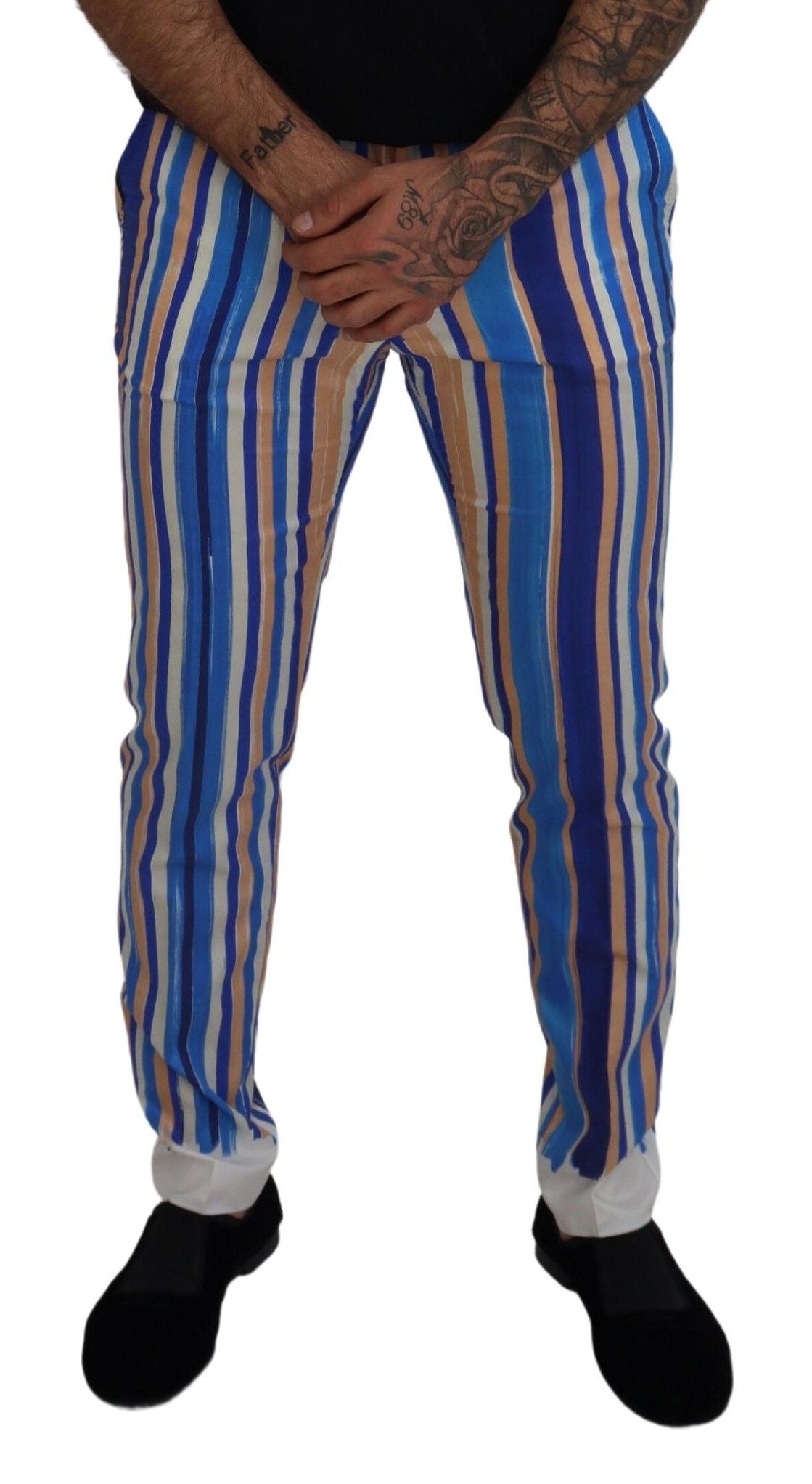 Blue Striped Silk Cotton Slim Trousers Pants