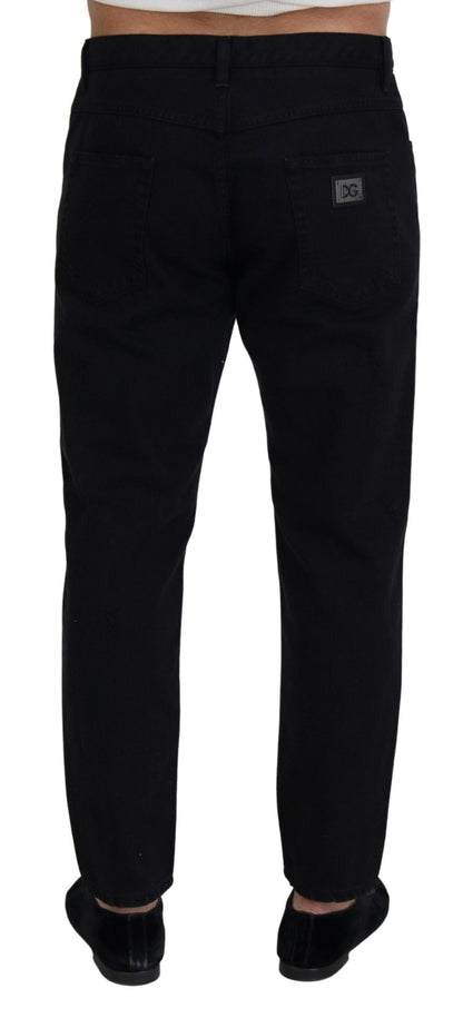 Black Loose Regular Torn Cotton Jeans