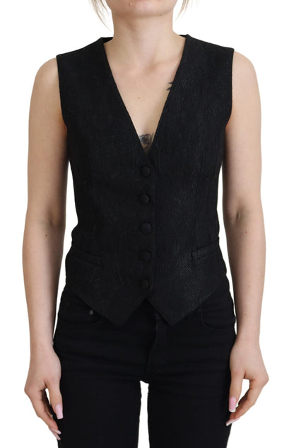 Black Brocade Button Down Sleeveless Vest Top