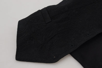 Black Brocade Button Down Sleeveless Vest Top