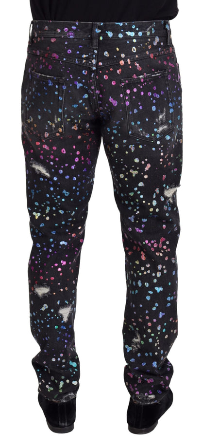 Black Multicolor Print Tattered Denim Jeans