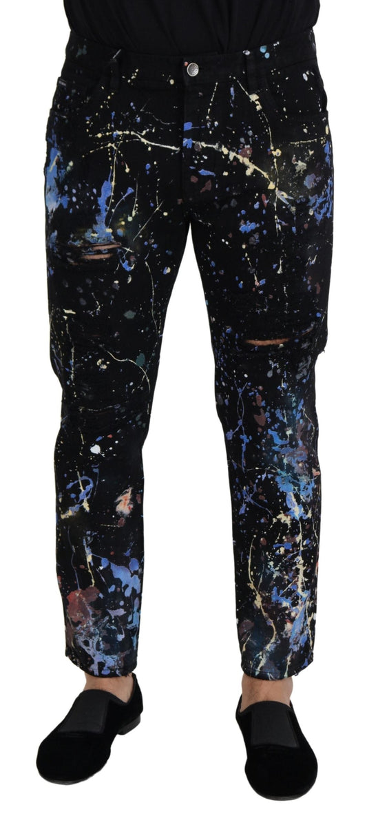 Black Cotton Color Splash Print Denim Jeans