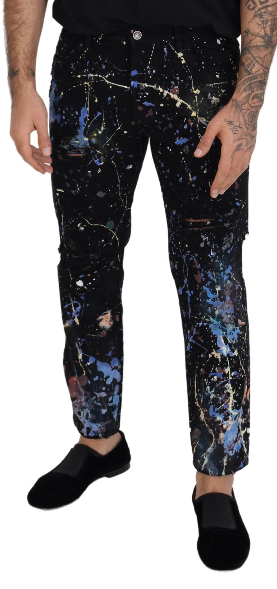 Black Cotton Color Splash Print Denim Jeans