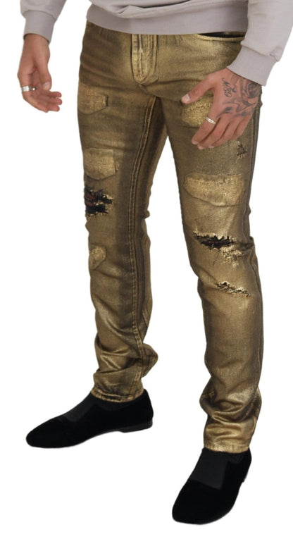 Gold Cotton Tattered Skinny Men Denim Jeans