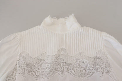 White Cotton Lace Trim Turtle Neck Blouse Top